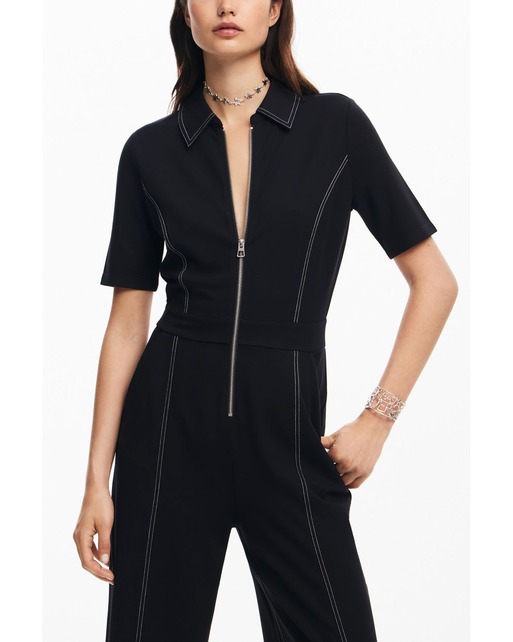 Desigual Black Long Jumpsuit With Topstitching