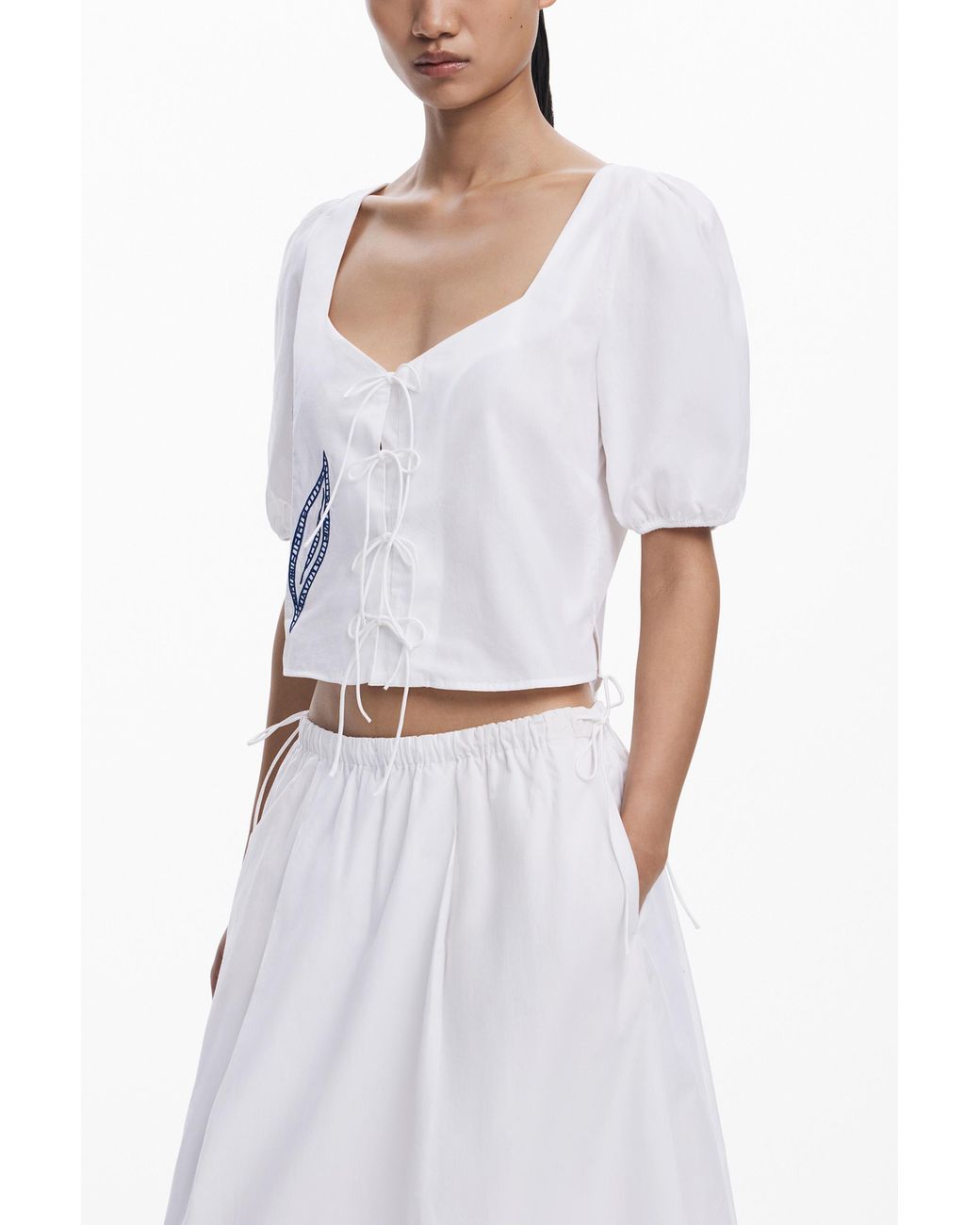 Desigual White Embroidered Midi Skirt, Cotton