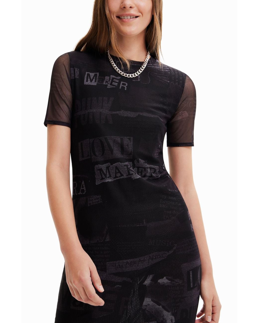 Desigual Black Tulle Newspaper Midi Dress, Polyester