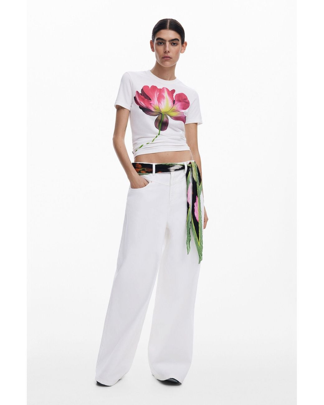 Desigual Black Pleated Floral Scarf, Polyester
