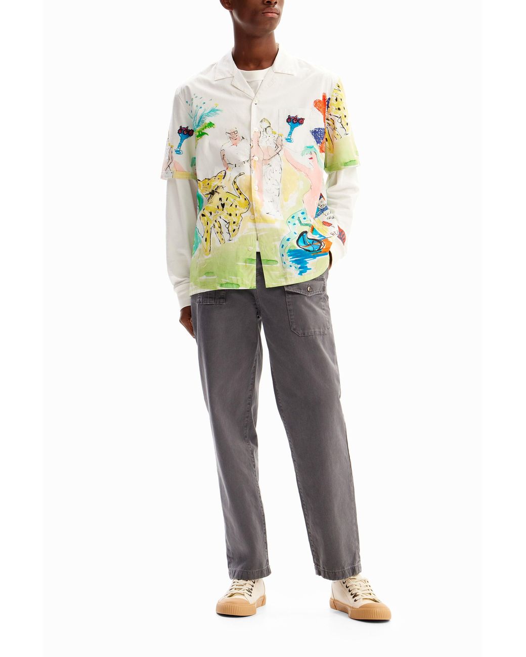 Desigual White Arty Resort Shirt, Cotton for men