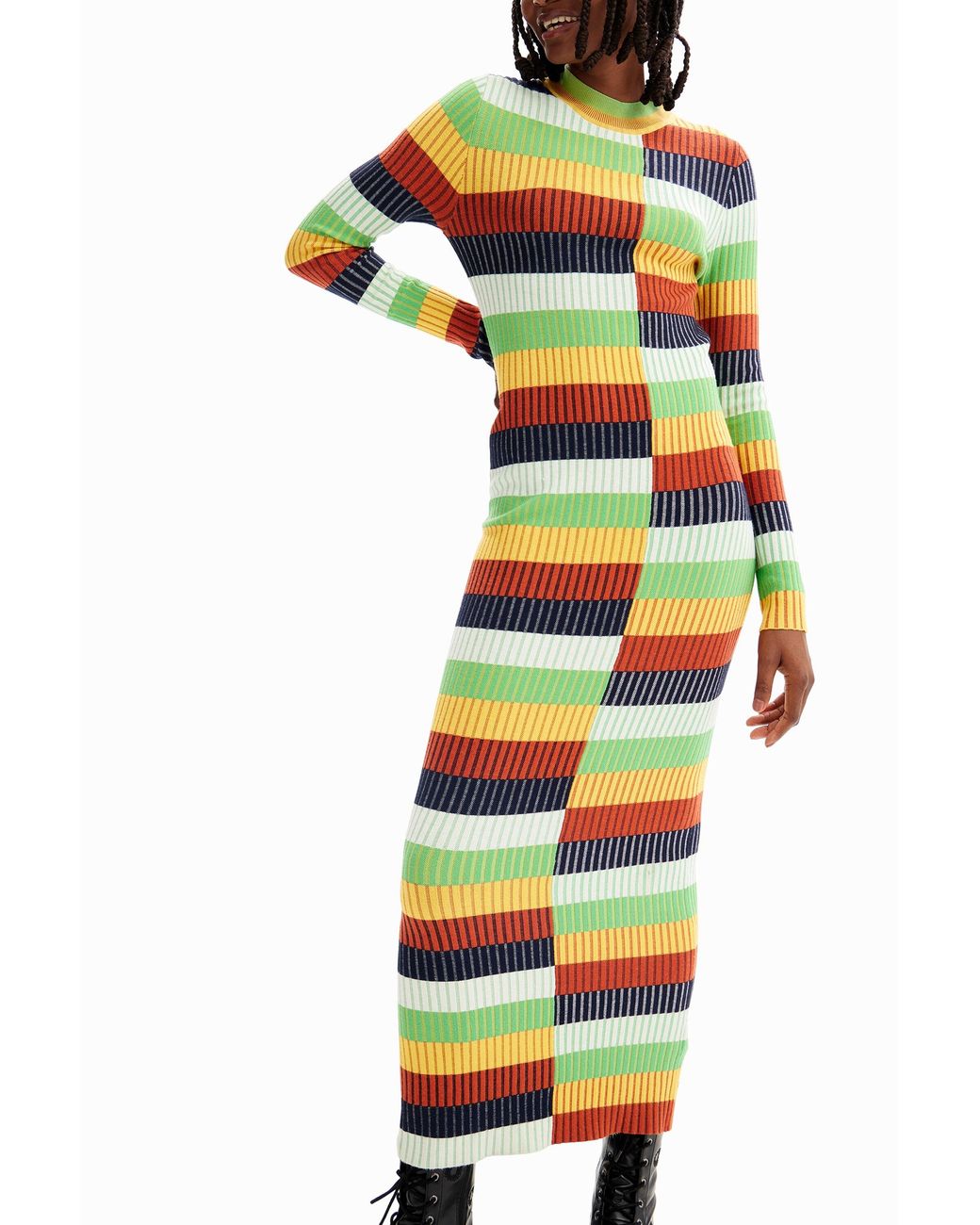 Desigual White Striped Knit Midi Dress