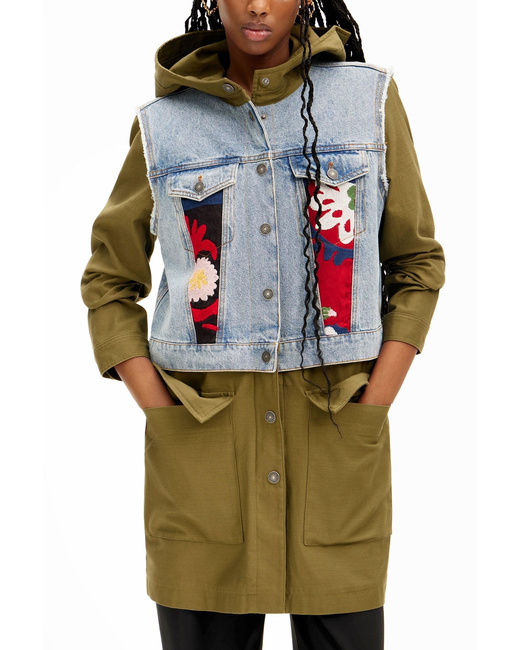 Desigual Green 2-In-1 Embroidered Hybrid Parka, Cotton