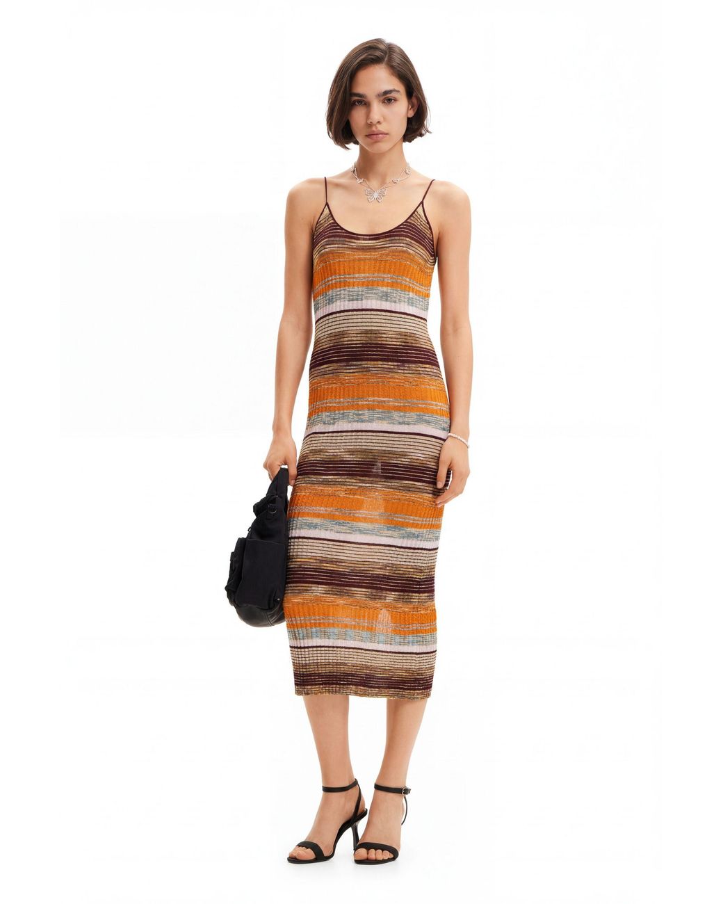 Desigual Orange Stripy Ribbed Midi Dress
