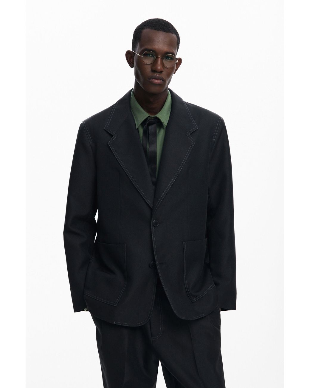 Desigual Black Blazer With Contrast Stitching, Polyester for men
