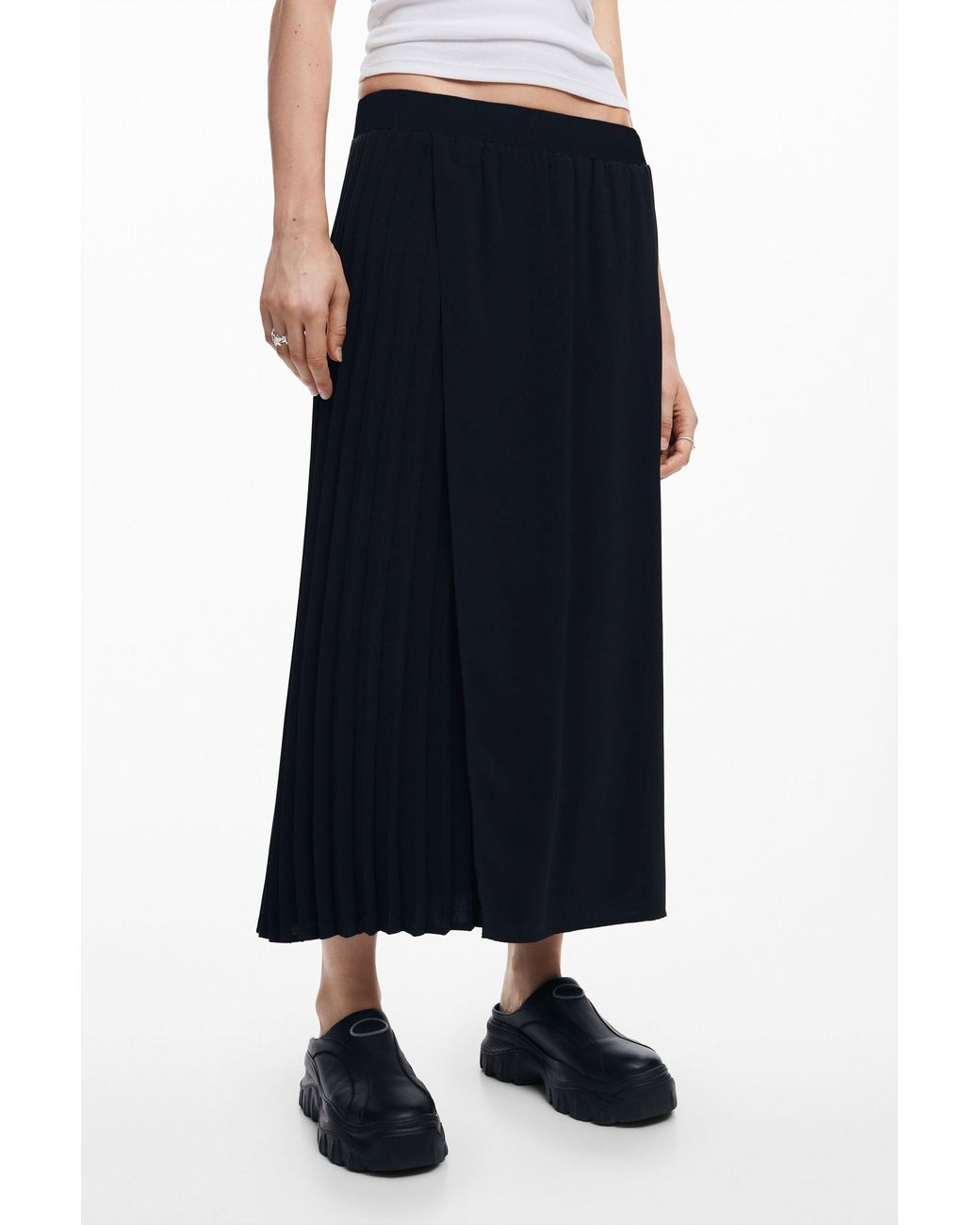 Desigual Black Pleated Midi Skirt, Polyester