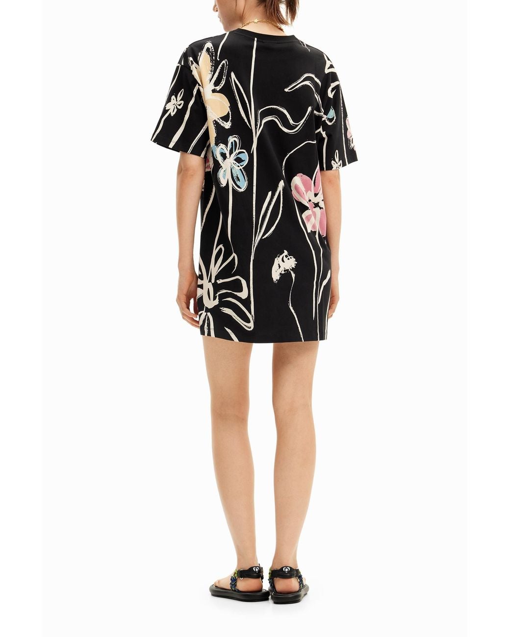 Desigual Black Short Dress With Illustrated Flowers, Cotton