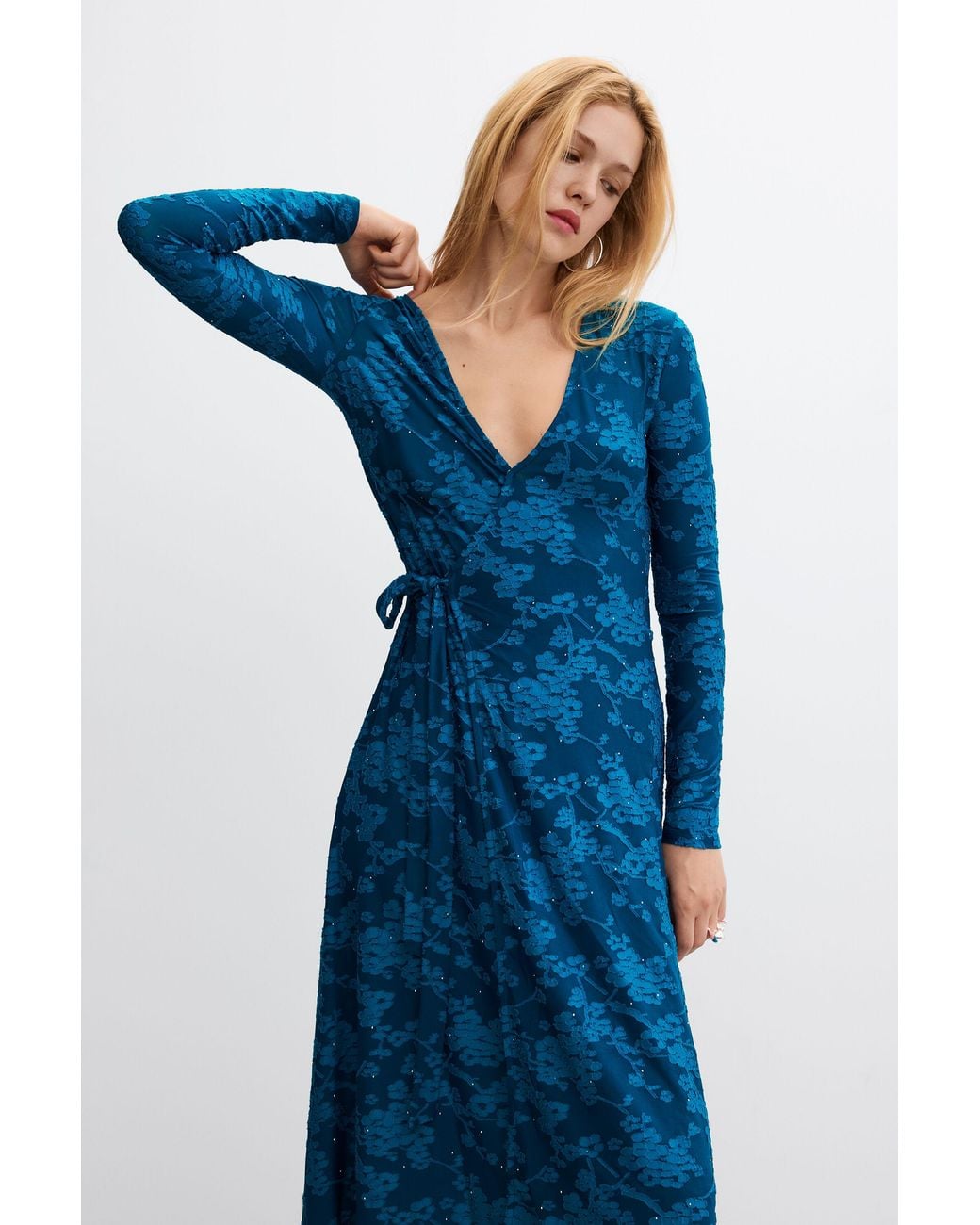 Desigual Blue Wrap Dress With V-Neck, Polyester