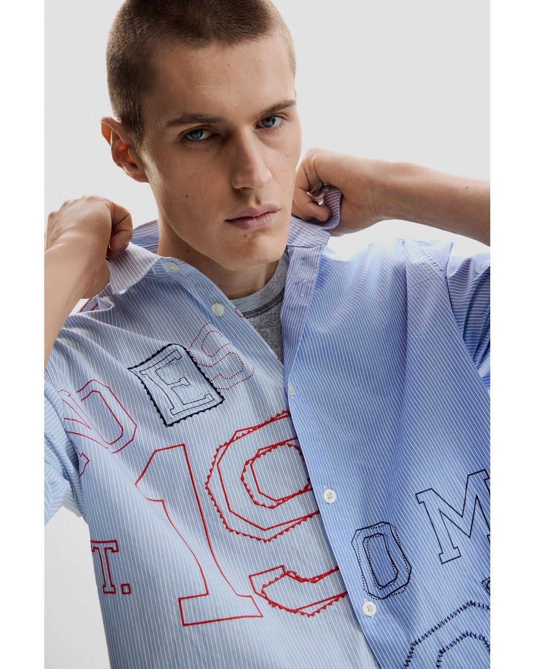Desigual Blue Embroidered Shirt, Cotton for men