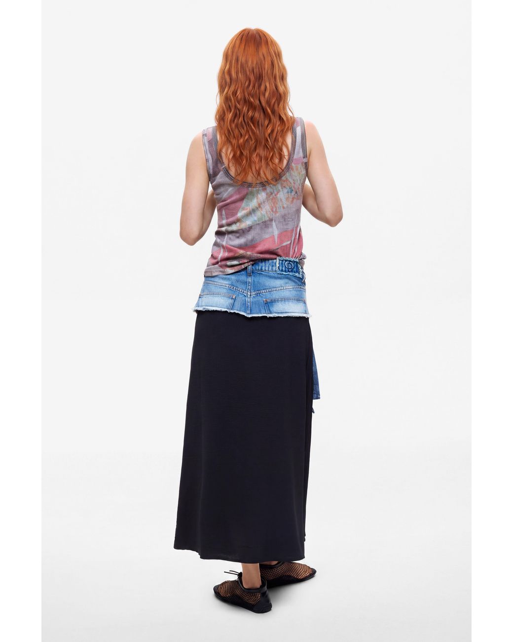 Desigual White Long Pleated Denim Skirt