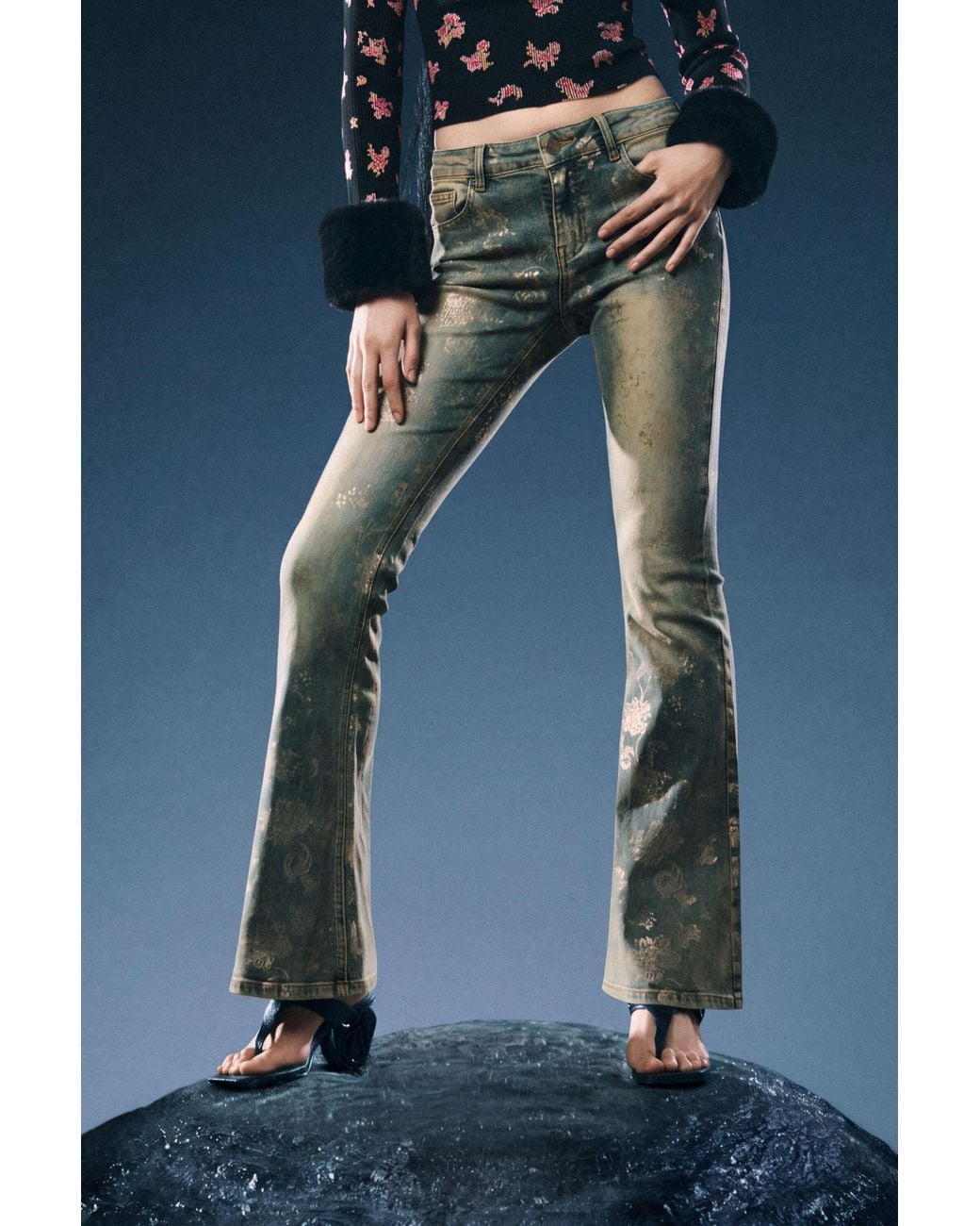 Desigual Blue Printed Flare Jeans, Cotton