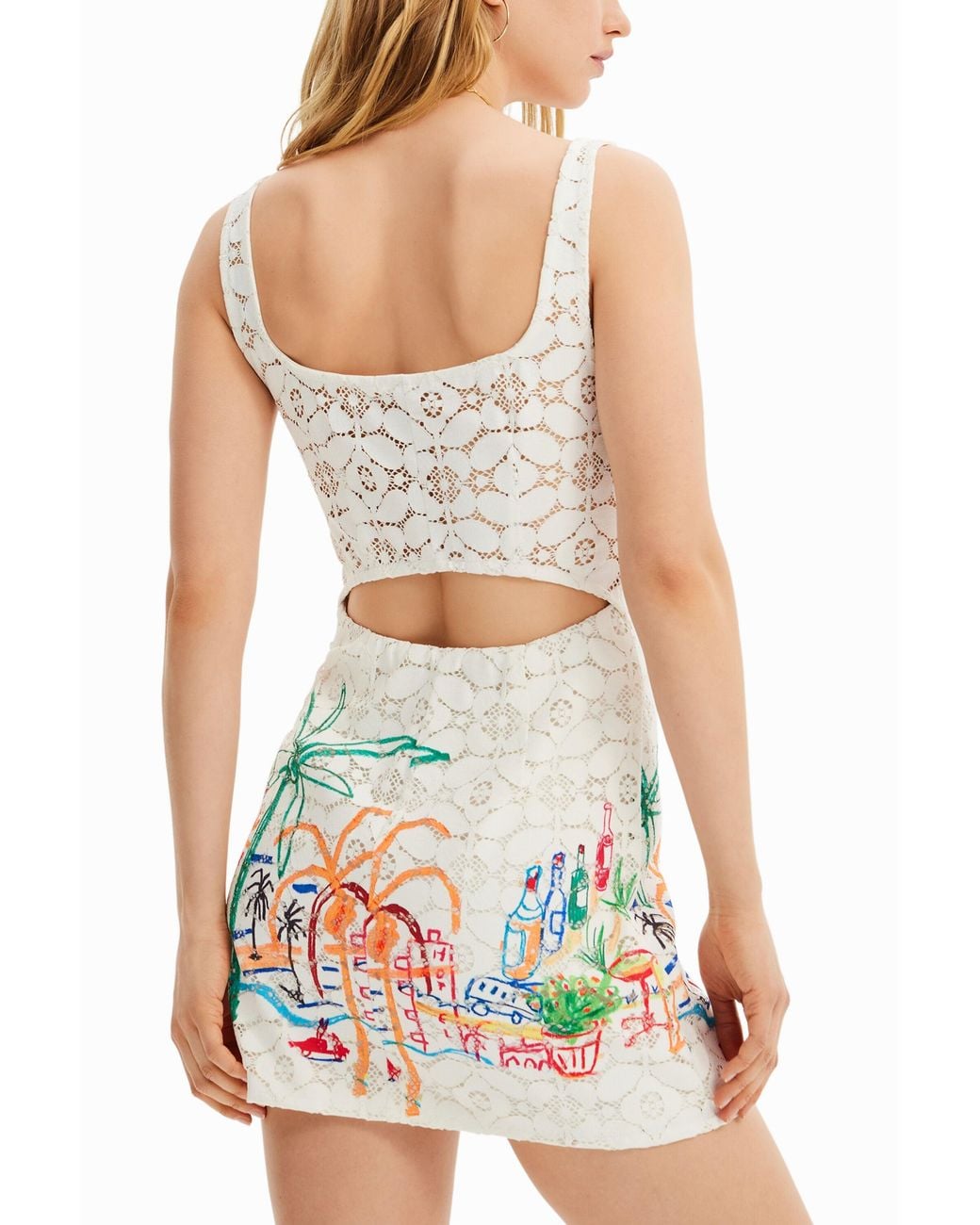 Desigual White Short Lace Illustration Dress, Polyester
