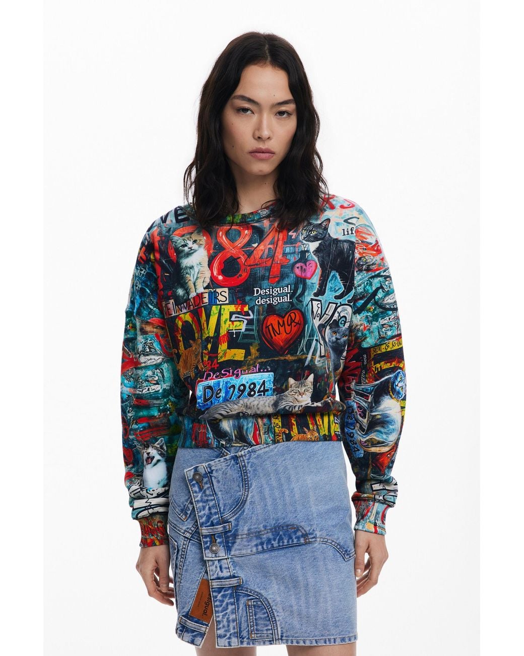 Sudadera Grafittis, Mujer, Algodon, Negro Desigual de color Blue