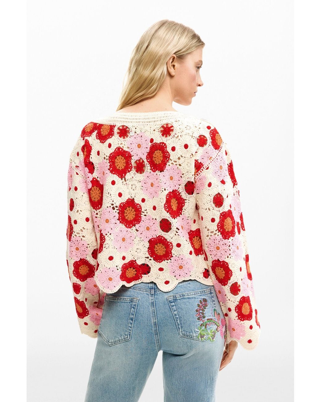 Desigual Red Crochet Flower Sweater