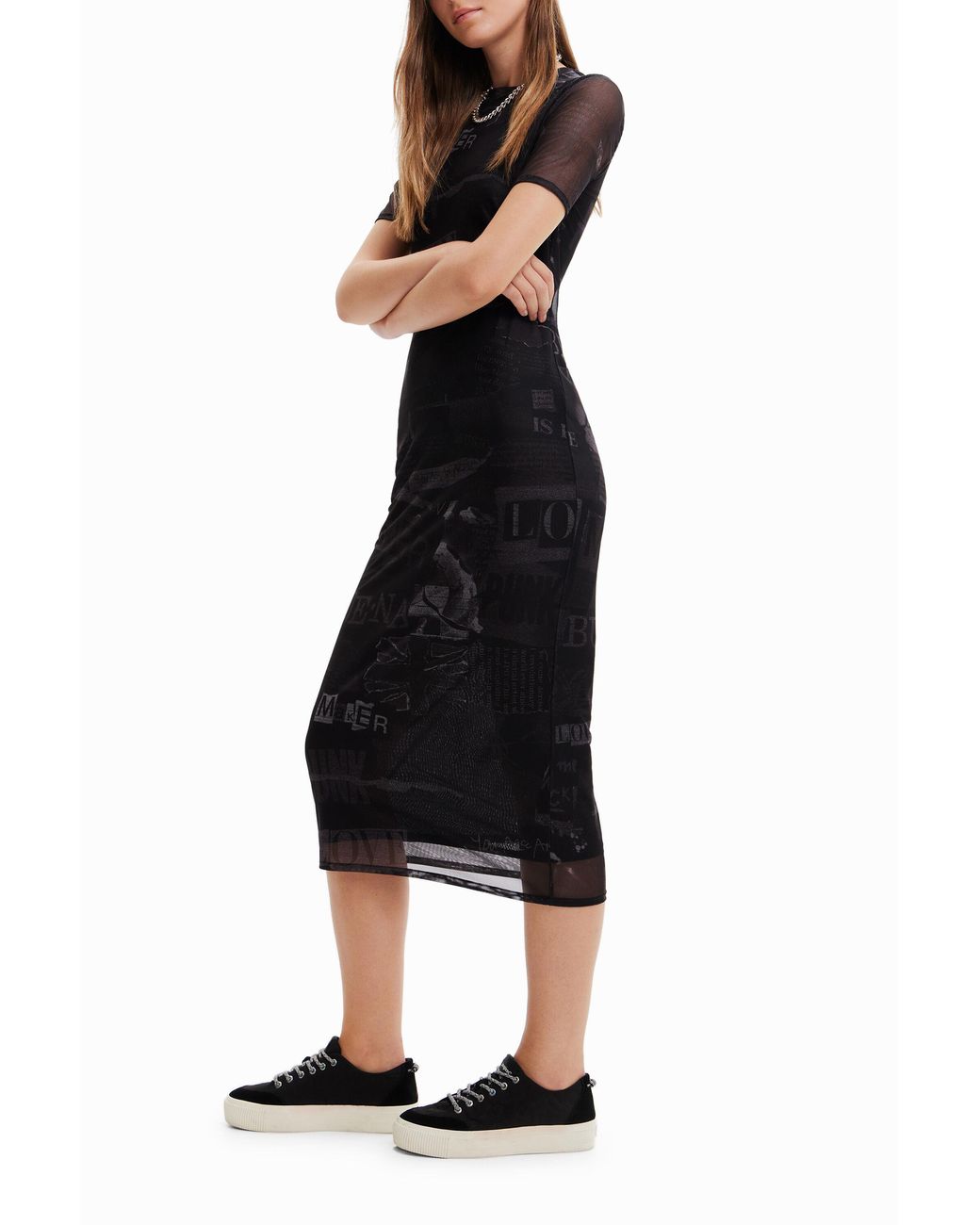 Desigual Black Tulle Newspaper Midi Dress, Polyester