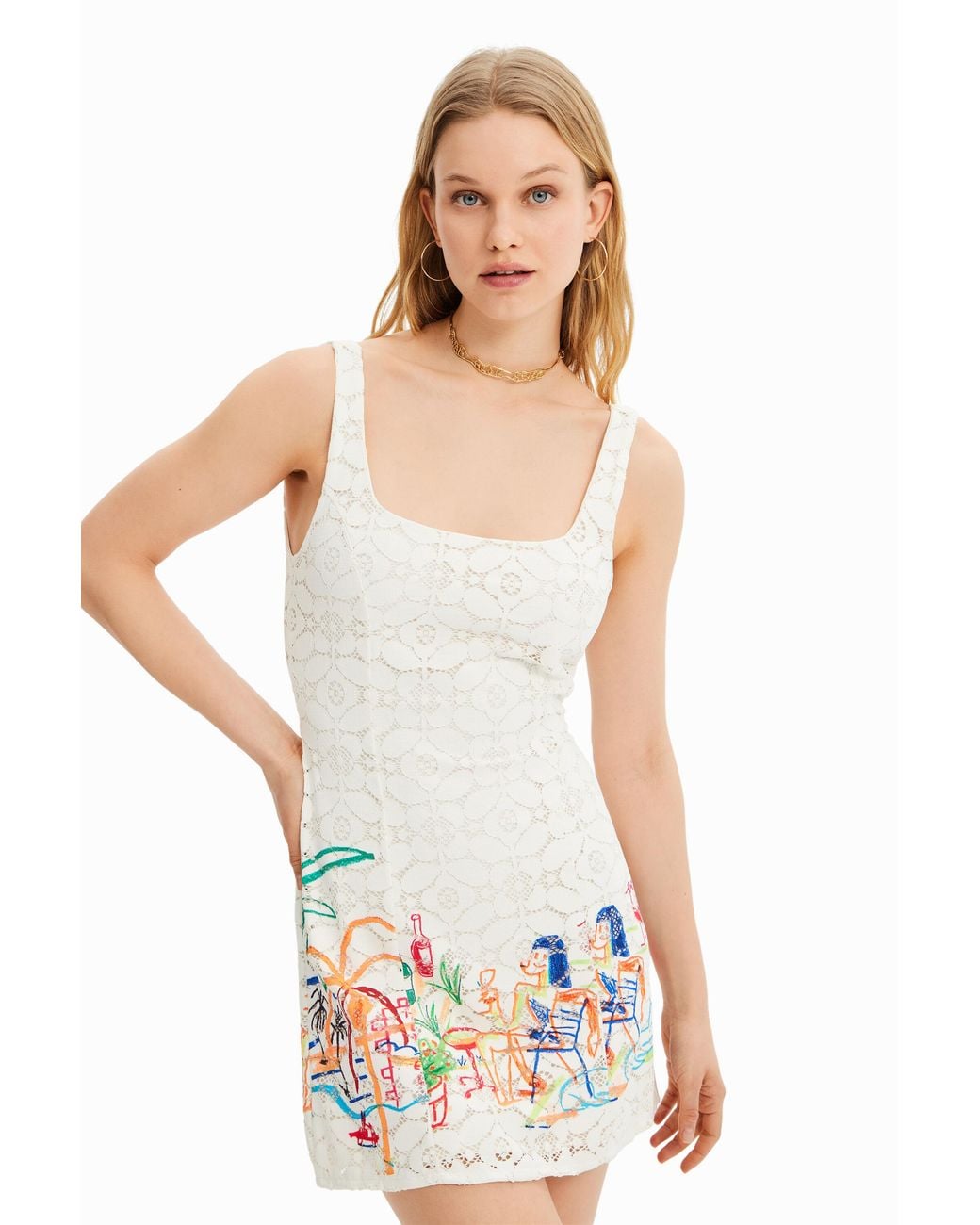 Desigual White Short Lace Illustration Dress, Polyester