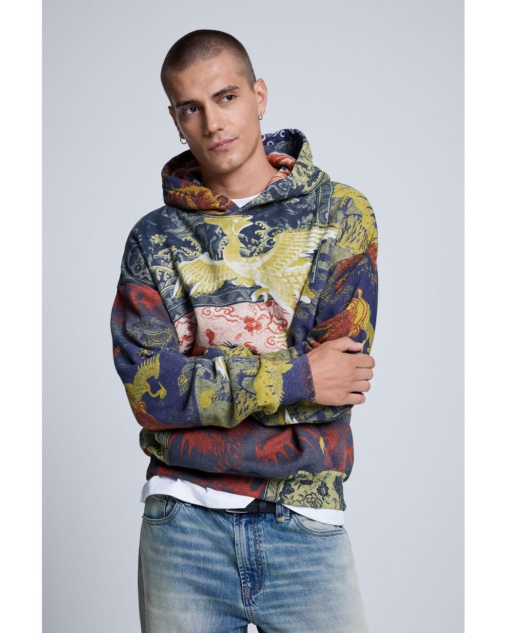 Desigual Gray Printed Hooded Sweatshirt, Cotton for men