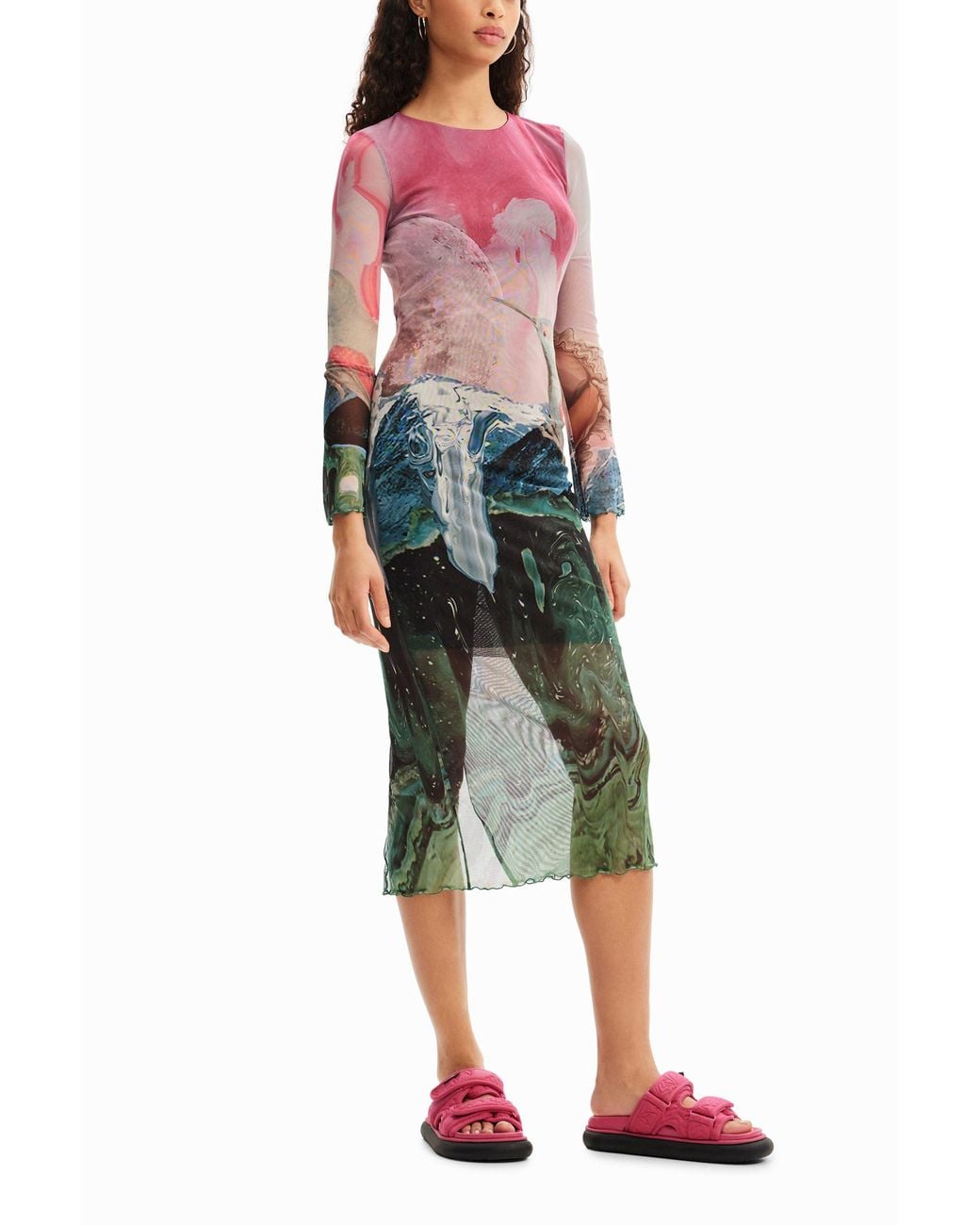 Desigual Red Slim Fantasy Tulle Midi Dress, Polyester