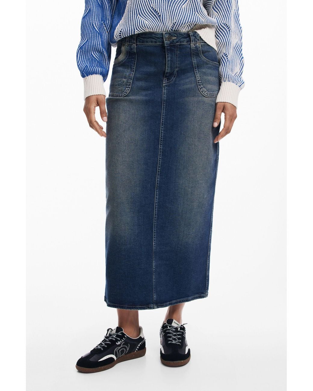 Desigual Blue Denim Midi Skirt, Cotton