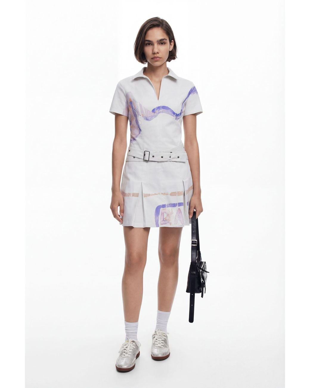 Desigual White Short Dress With Belt, Cotton