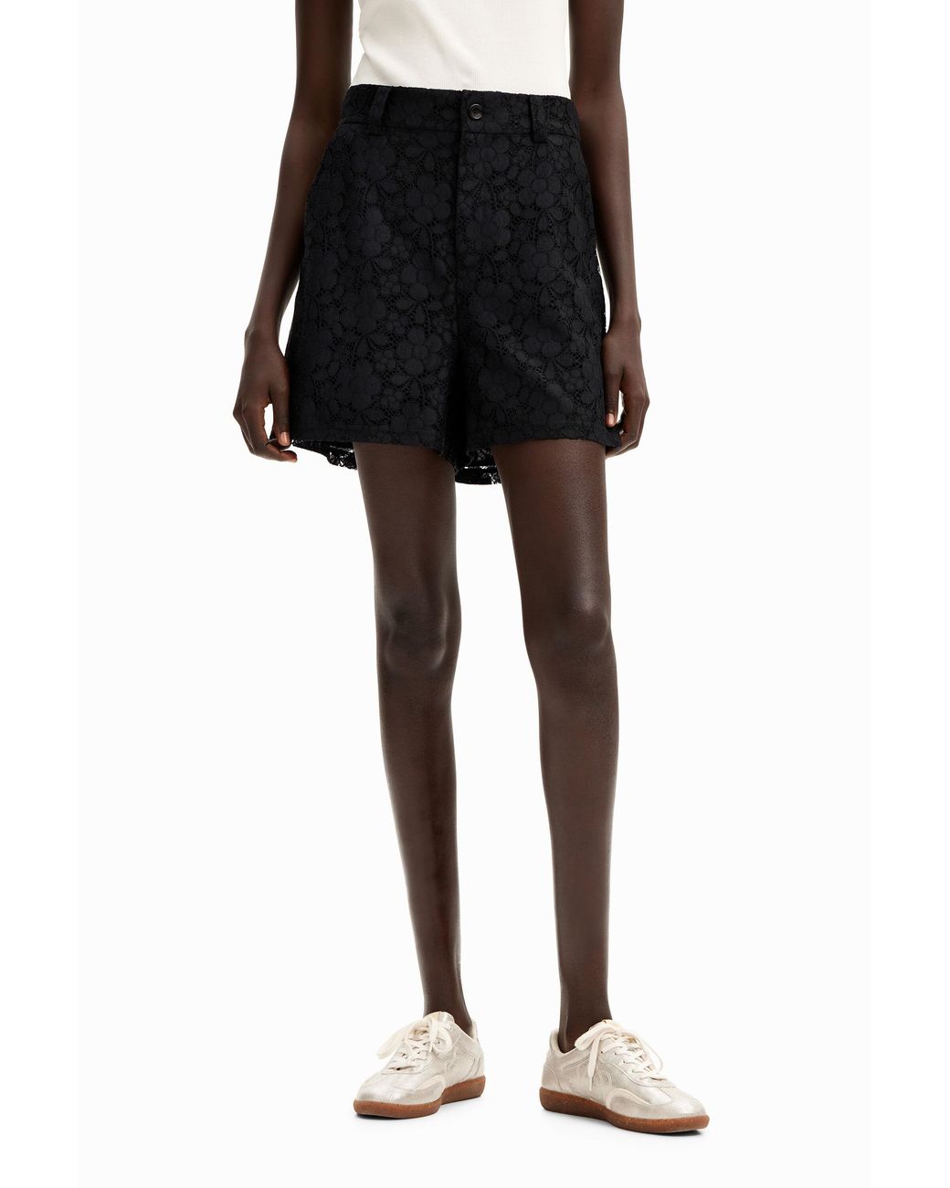 Desigual Black Floral Lace Shorts, Polyester