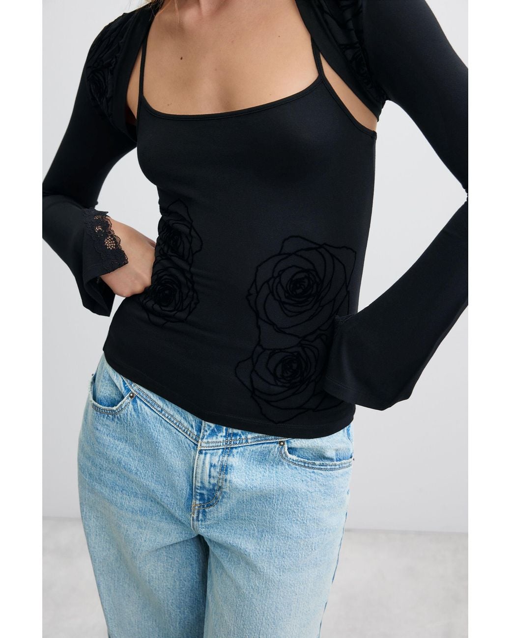 Desigual Black 2-In-1 T-Shirt With Flocked Details, Viscose