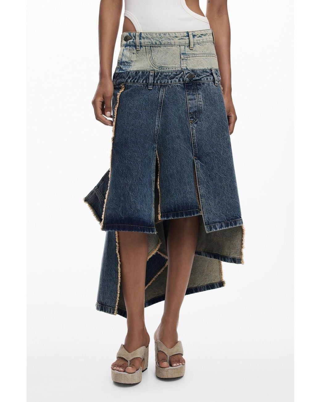 Desigual Blue Long Skirt With Double Waistband, Cotton