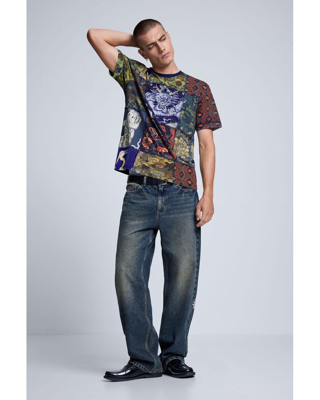 Desigual Gray Patchwork Printed T-Shirt, Cotton for men