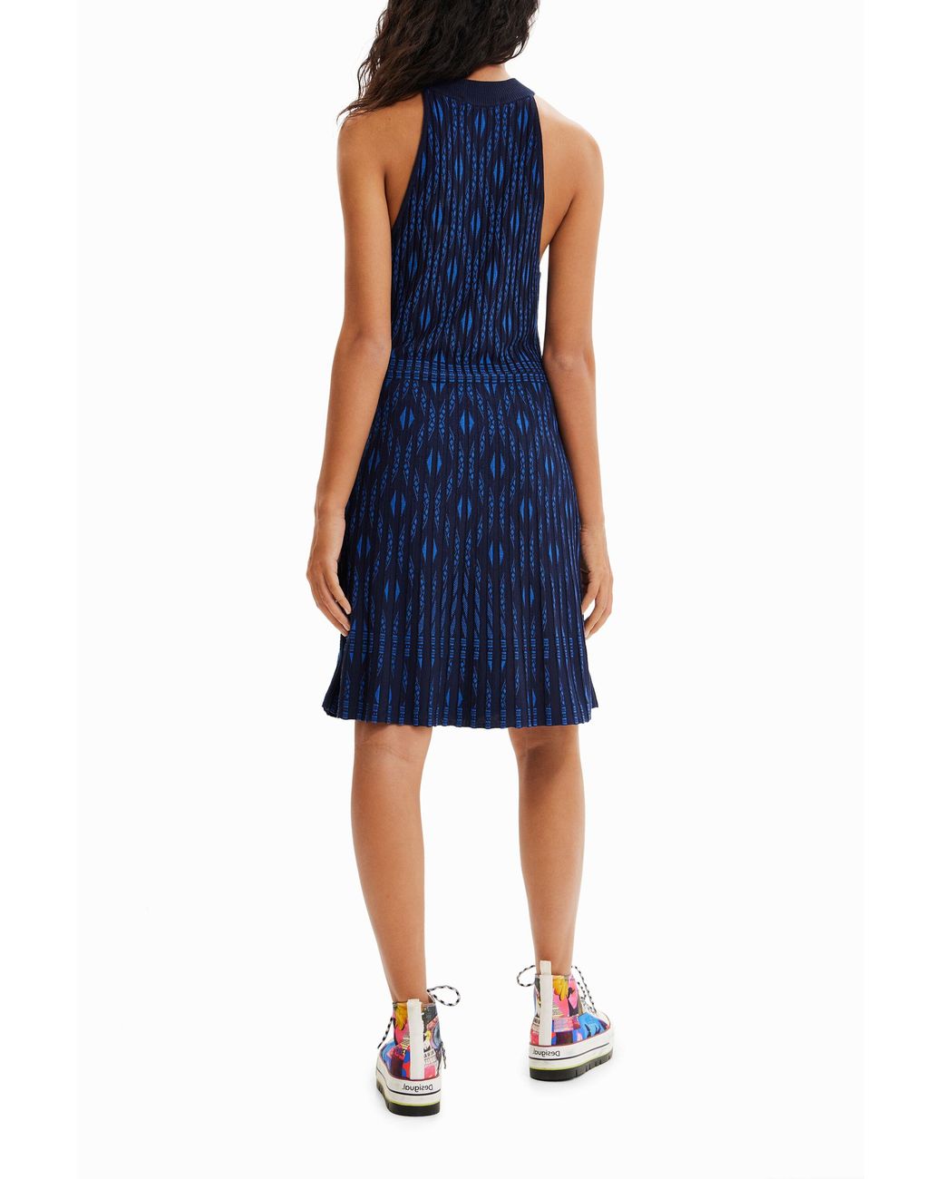 Desigual Blue Short Geometric Knit Dress, Viscose