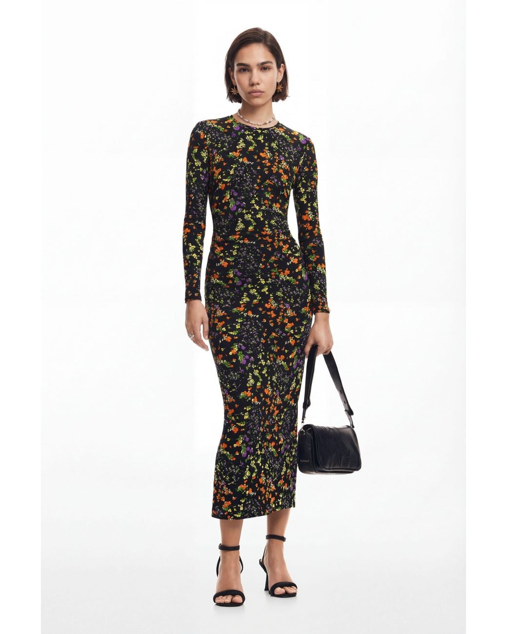 Desigual Black Slim Floral Dress, Viscose