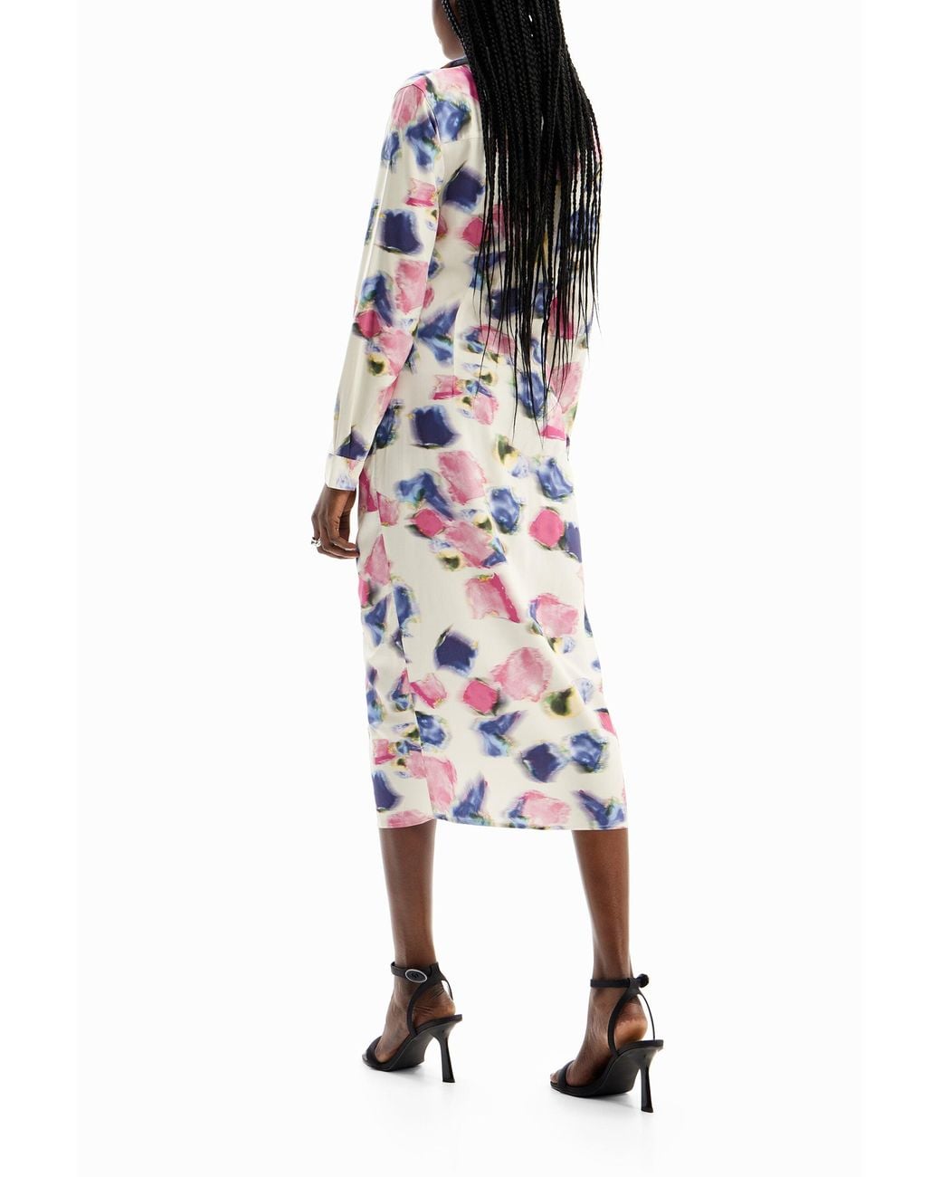 Desigual White Gathered Midi Shirt Dress, Viscose