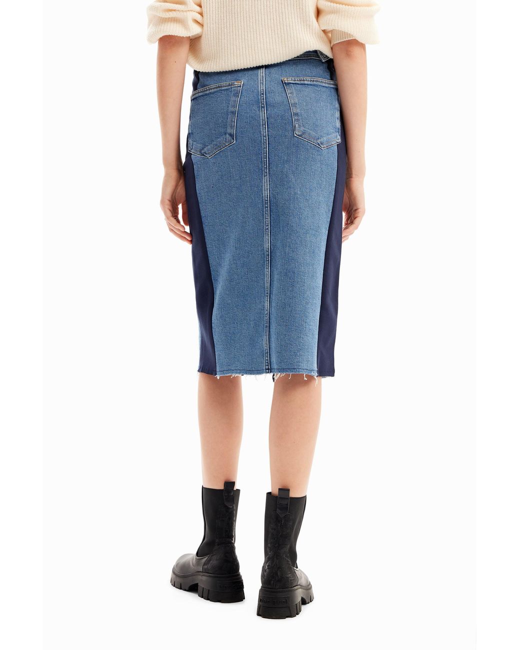 Desigual Blue Banded Denim Midi Skirt, Cotton