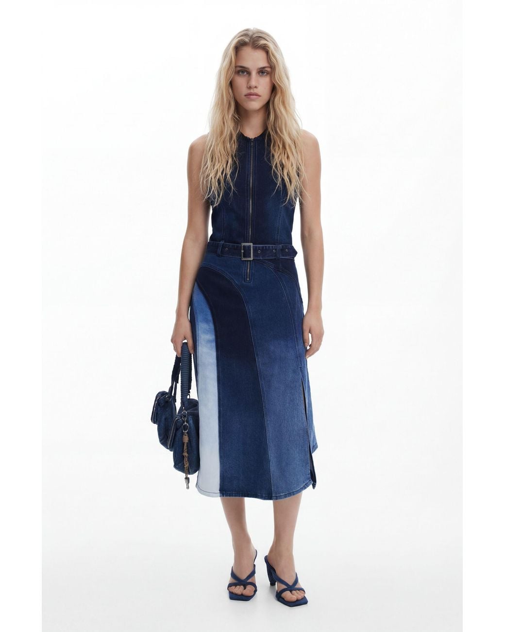 Desigual Blue Denim Midi Dress With Belt, Cotton