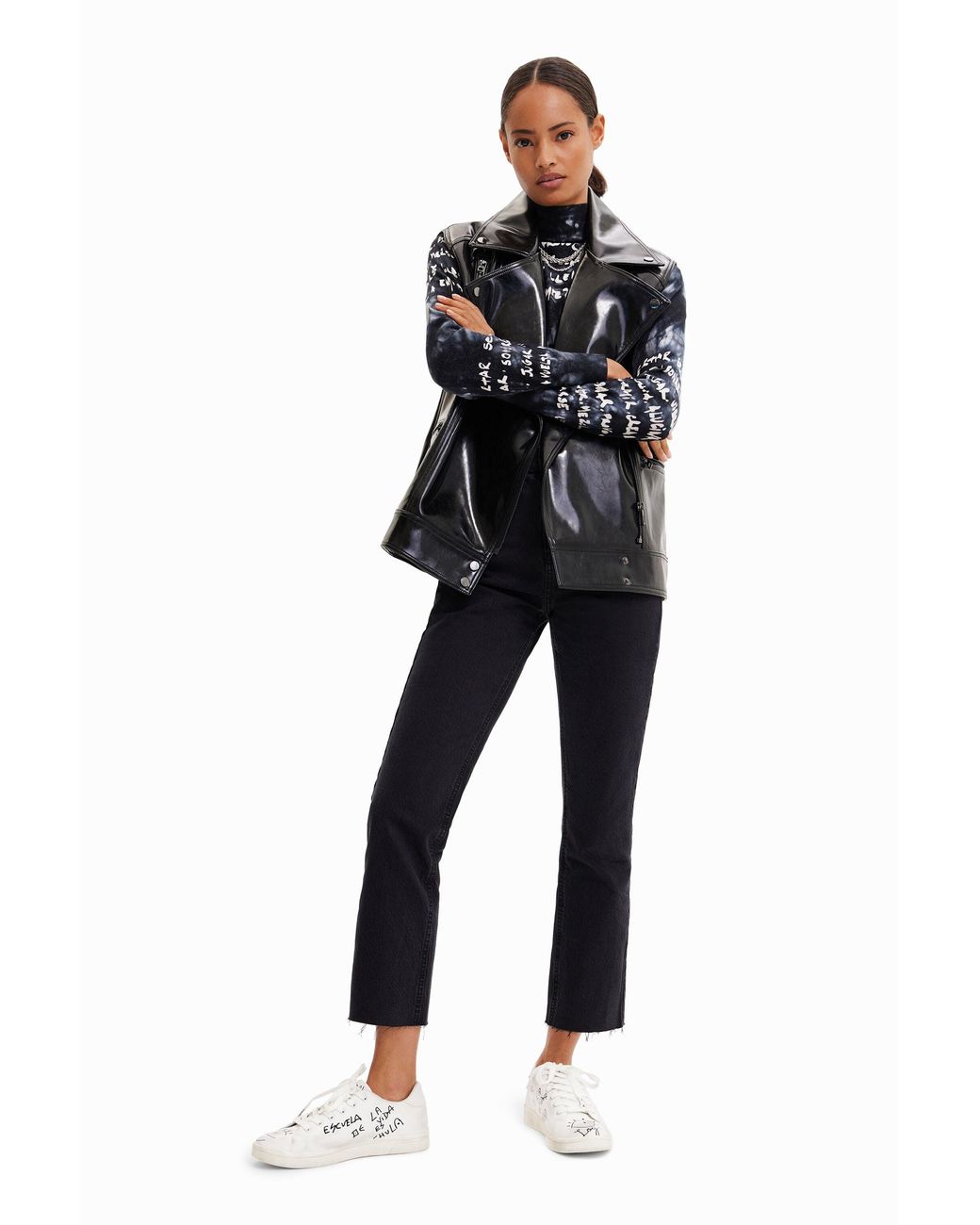 Desigual Black Oversize Biker Gilet, Polyurethane