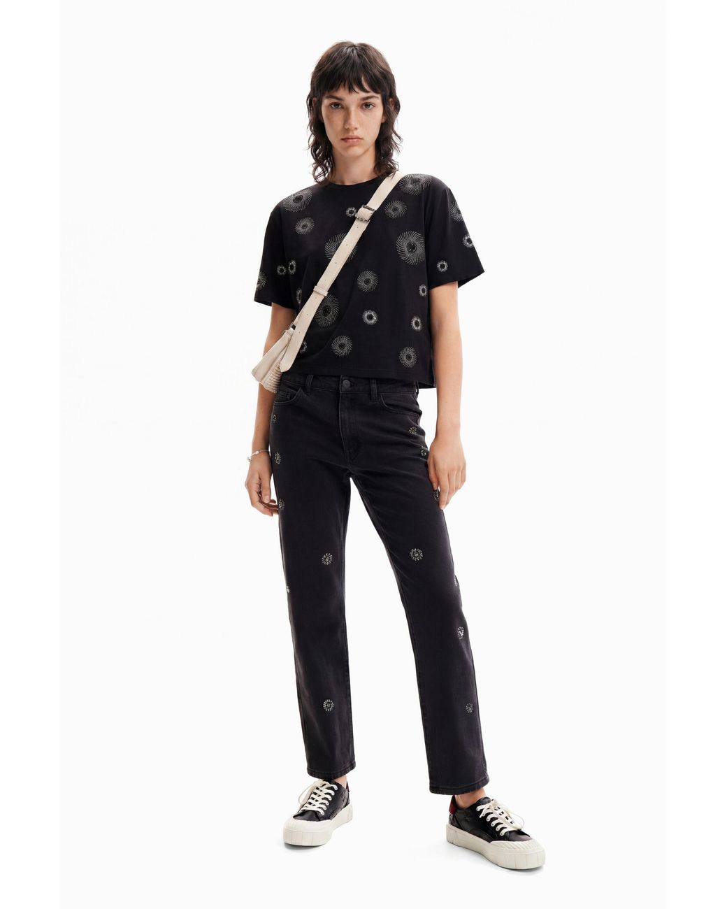 Desigual Black Straight Appliquéd Jeans, Cotton