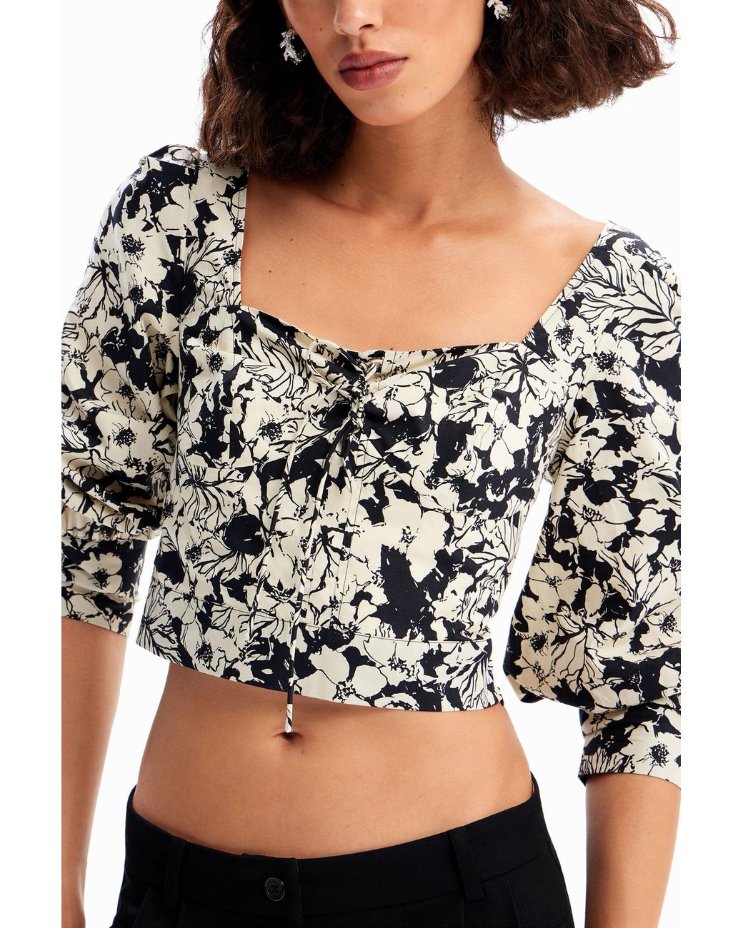 Desigual Black Cropped Floral Corset Blouse, Cotton