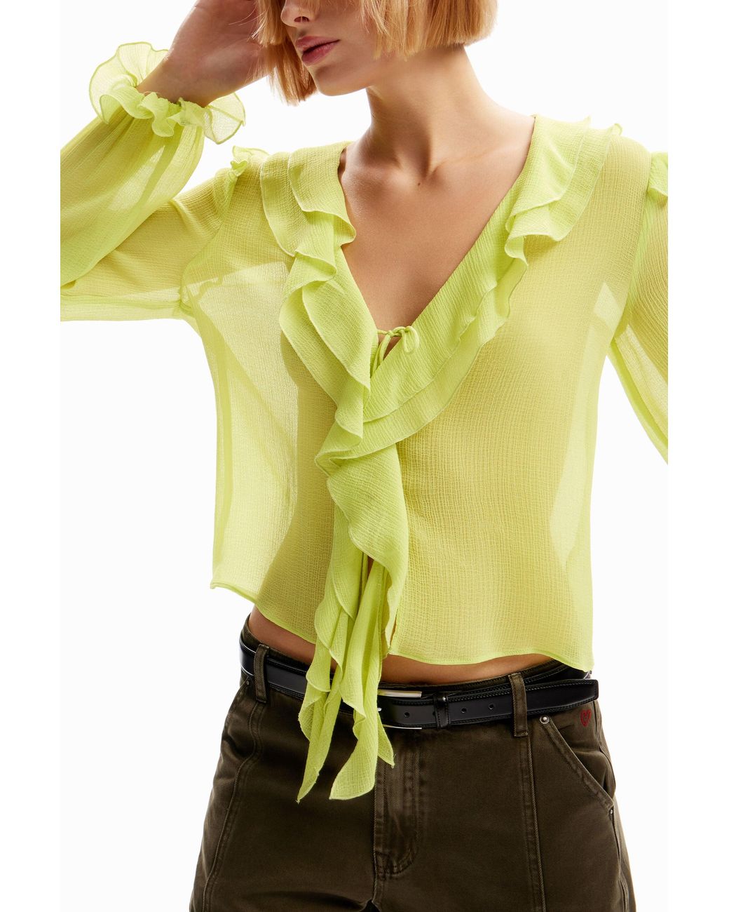 Desigual Yellow Ruffle Tie Blouse, Polyester