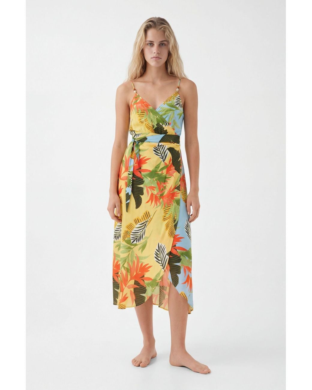 Desigual Yellow Tropical Wrap Midi Dress, Viscose