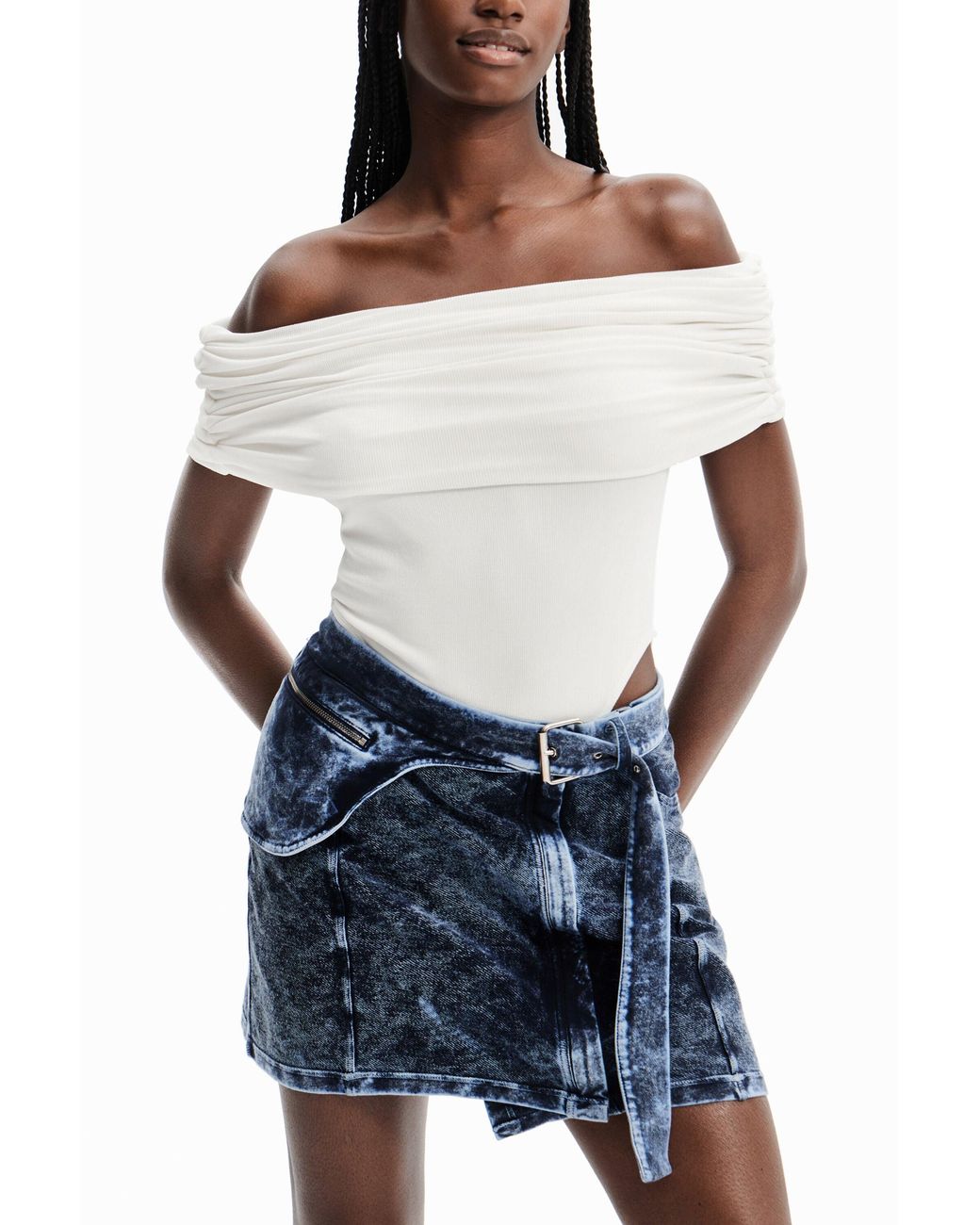 Desigual White Nathy Peluso Draped Neckline Bodysuit, Polyester