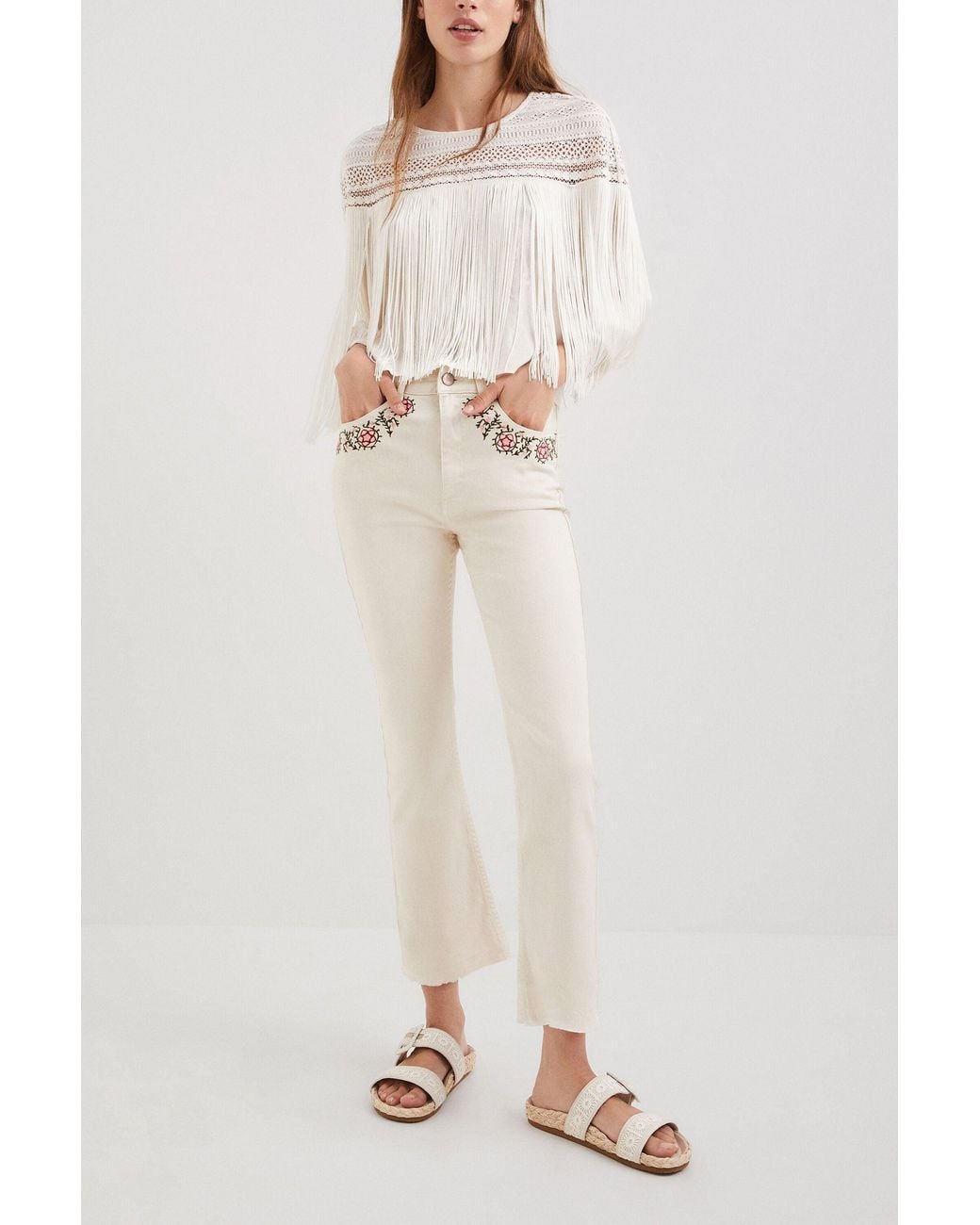 Desigual White Flared Cropped Jeans, Cotton