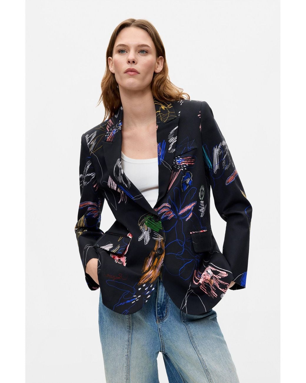 Desigual Blue Floral Print Blazer, Cotton