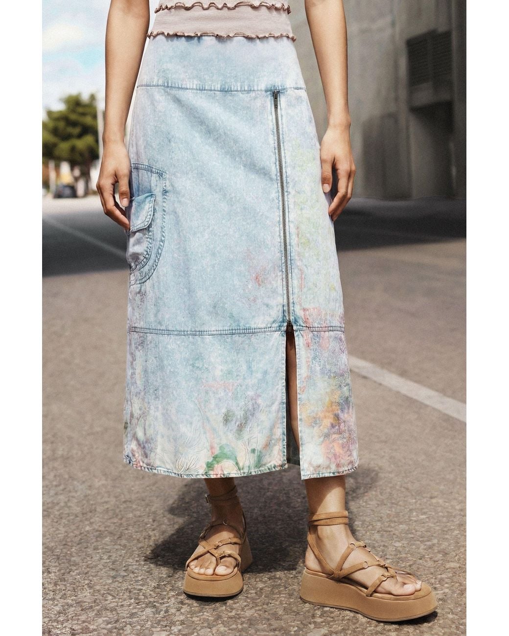 Desigual Blue Midi Lyocell Denim Skirt, Lyocell