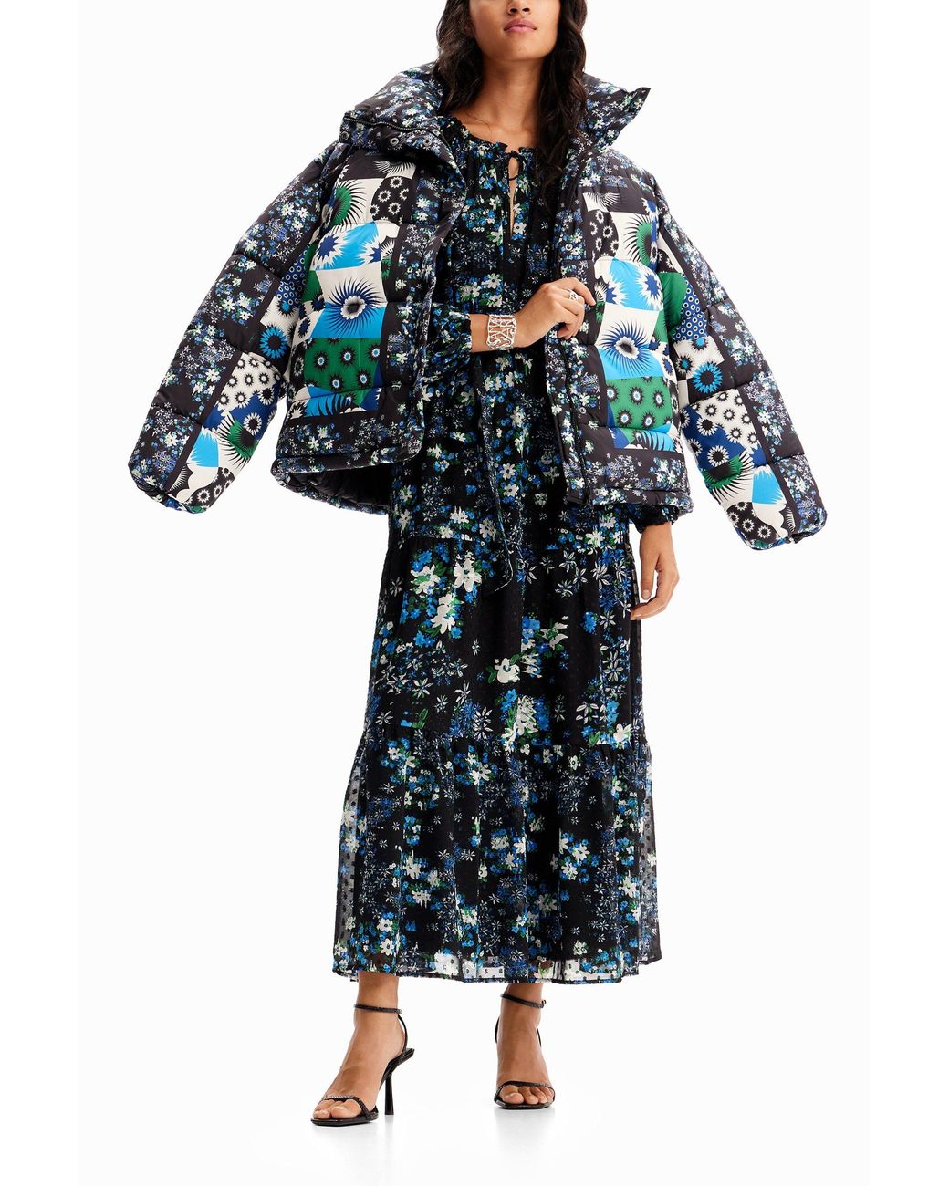Desigual Black Floral Plumetis Midi Dress, Polyester