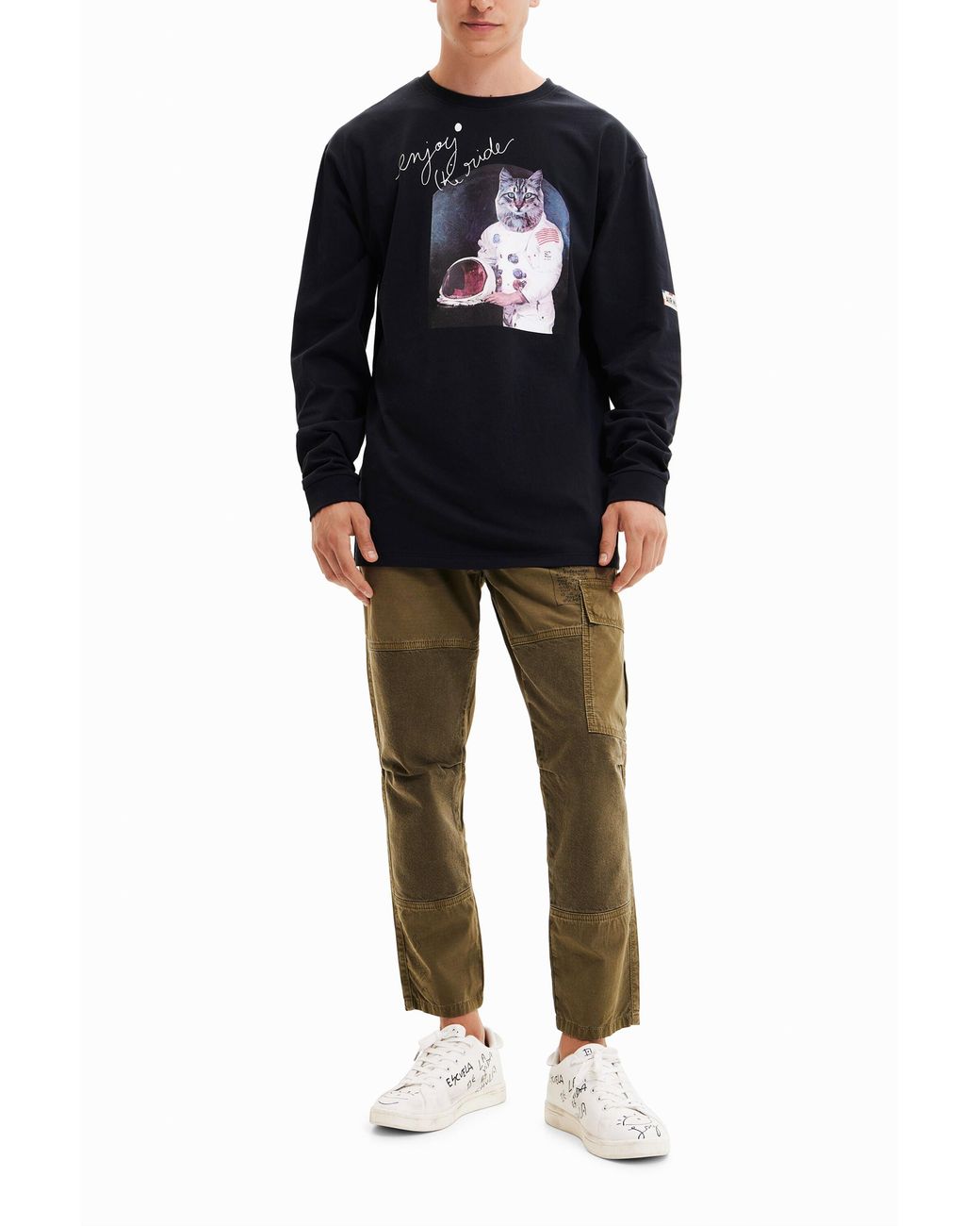 Desigual Black Oversize Astronaut Cat T-Shirt, Cotton for men