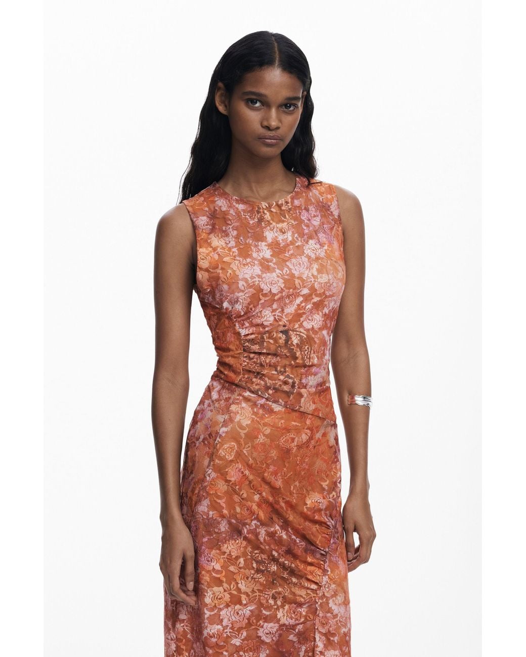 Desigual Red Floral Draped Dress, Polyamide