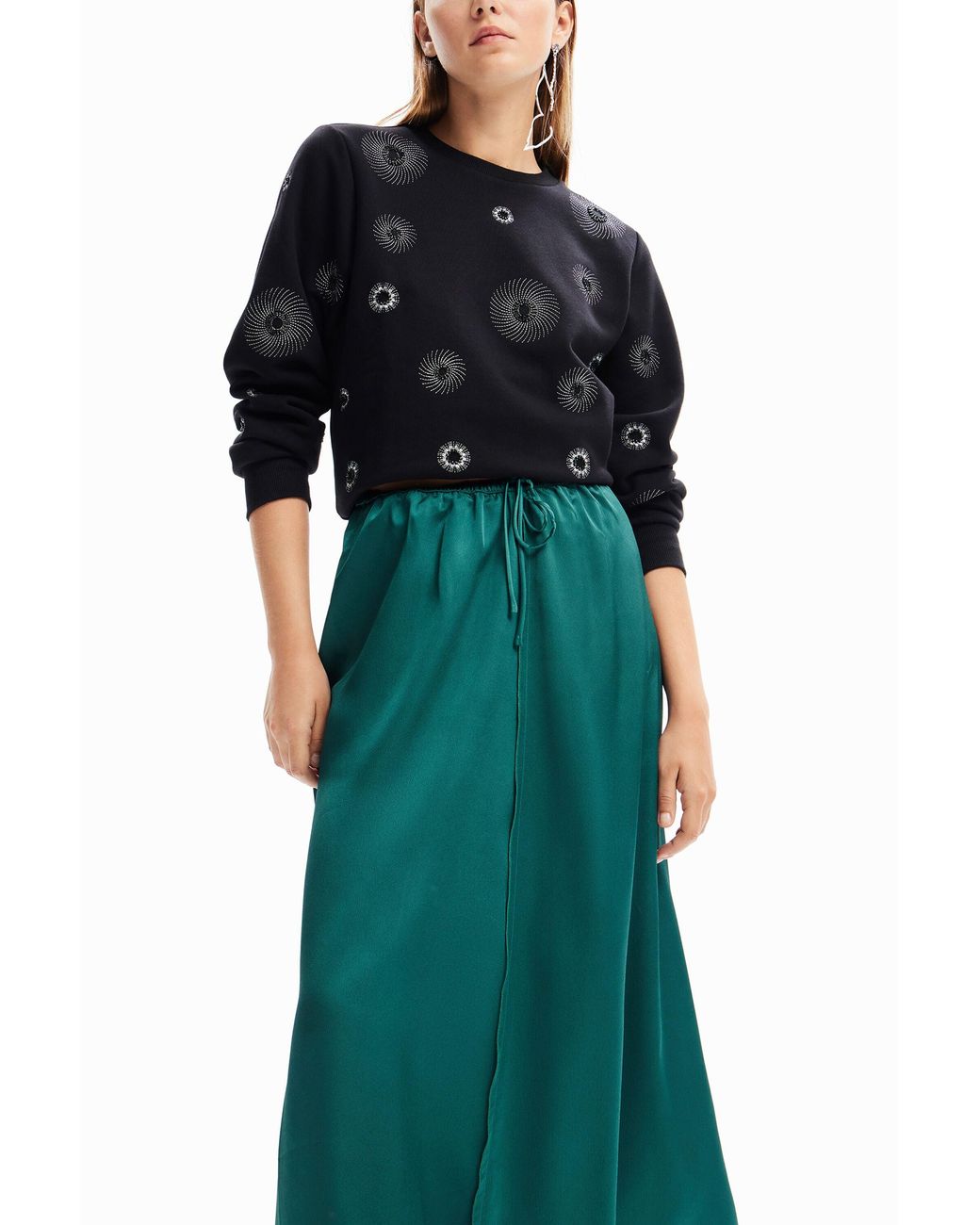 Desigual Green Satin Midi Skirt, Polyester