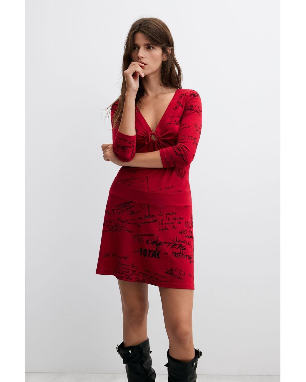 Desigual Red Short Dress With Vintage Print