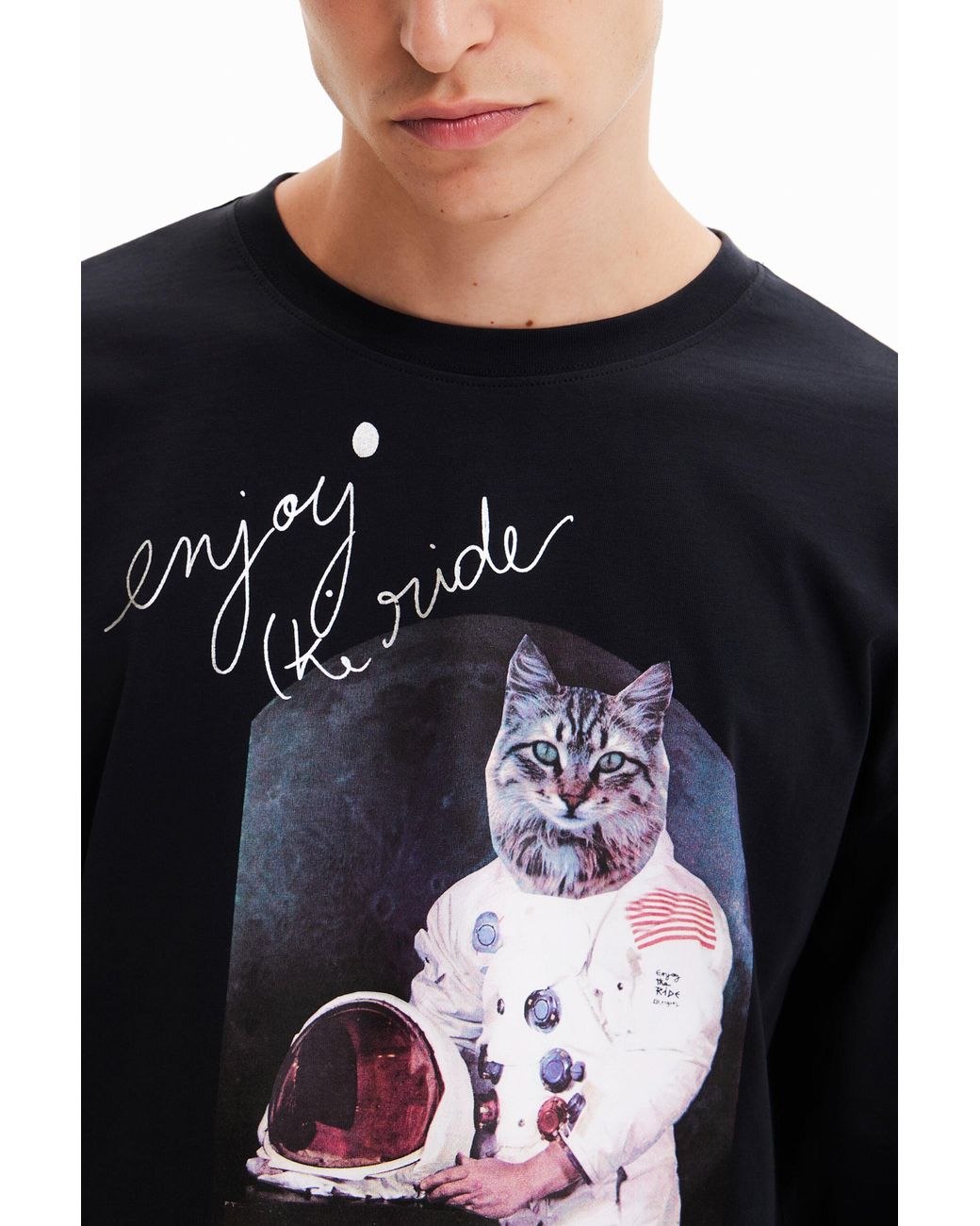 Desigual Black Oversize Astronaut Cat T-Shirt, Cotton for men