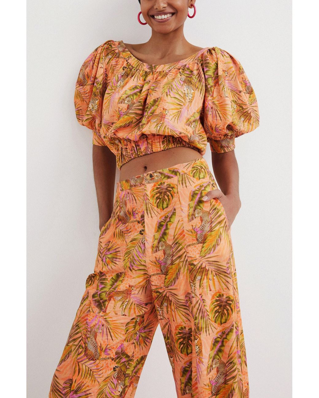 Desigual Brown Tropical Cropped Blouse