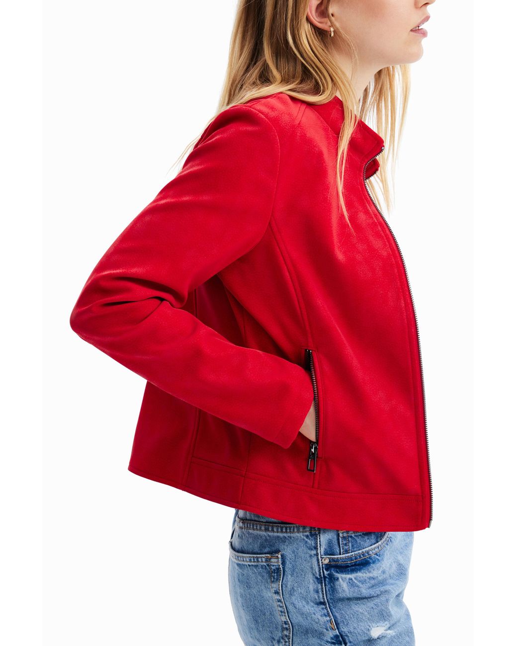 Desigual Red Suede-Effect Biker Jacket, Polyurethane
